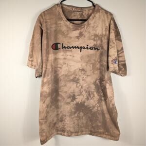 Champion XL Tie Dye T-Shirt Mens Brown Script Logo Short Sleeve Tee Cotton Top